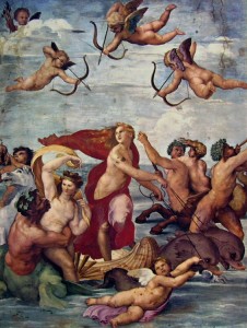 Raffaello Sanzio: “Il Trionfo di Galatea“, anno 1511, cm. 295 x 225, Farnesina (Roma).